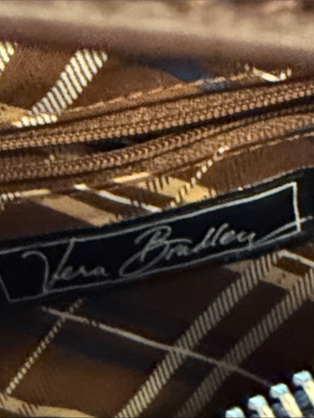 Vera Bradley Wildwood Park microfiber bag. Quilted navy blue with brown strap. - Picture 5 of 13
